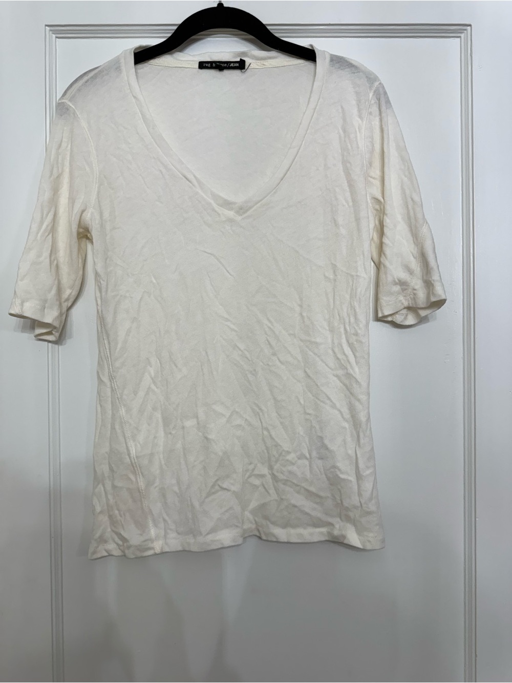 Rag & Bone White Lightweight Slub Knit V-Neck Tee – 3/4 Sleeve L